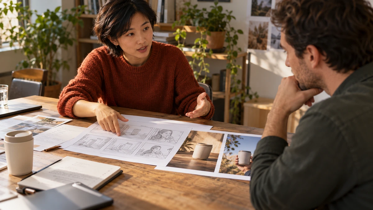 Une vidéaste explique des choix de plans à partir d’un storyboard.