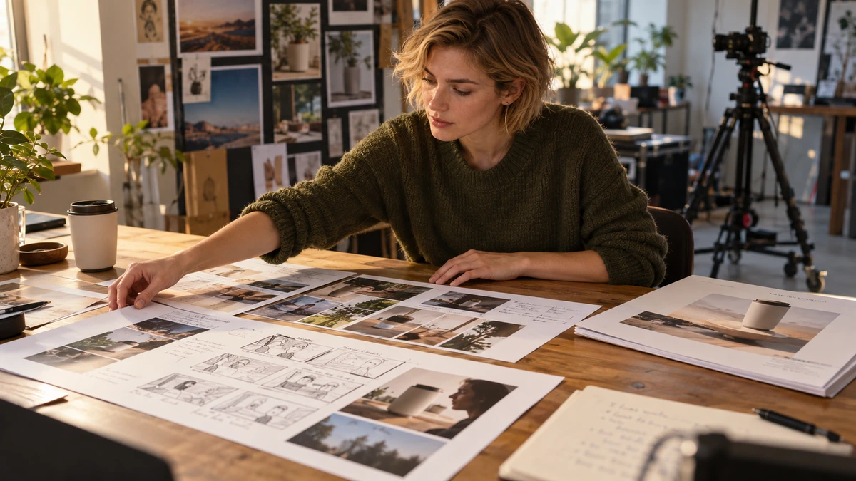 Une réalisatrice sélectionne des images et documents pour présenter son travail.
