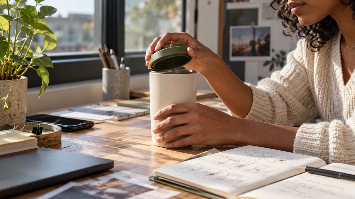 Des mains ouvrent une tasse au-dessus d’un carnet de préparation.
