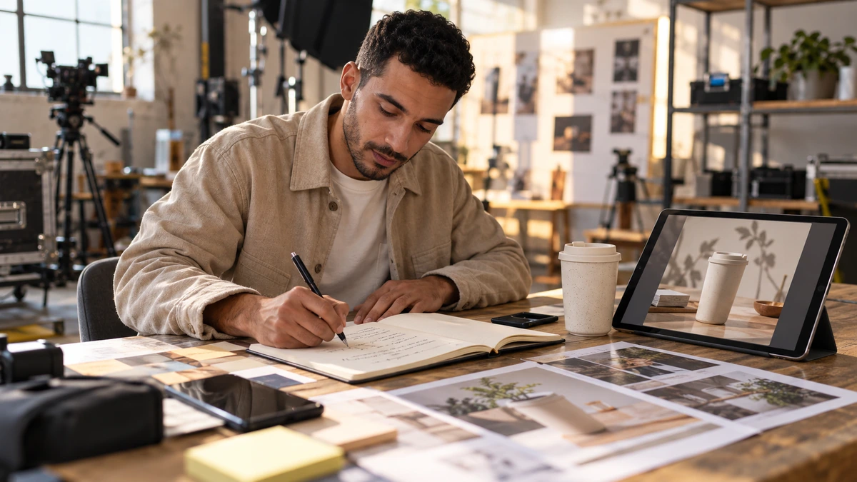 Une personne reformule un brief à partir de notes et de photographies de produit.