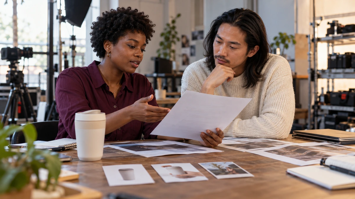 Deux personnes discutent d’un brief et de photographies de produit.