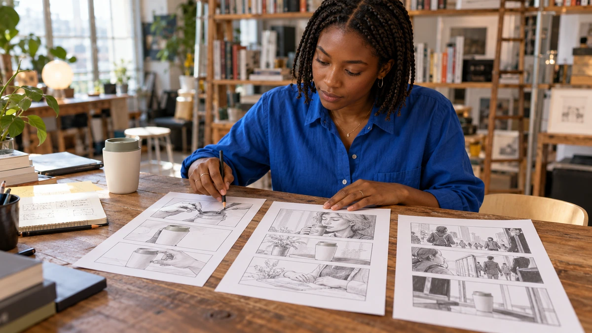 Une personne compare plusieurs pistes dessinées sur des planches de storyboard.