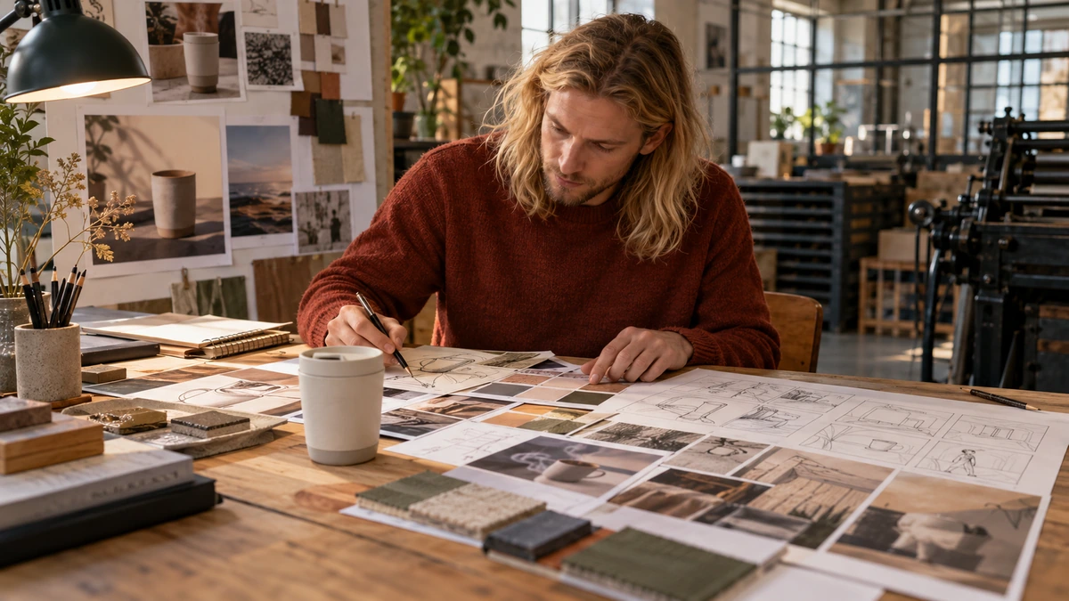 Une personne annote un dossier créatif et des références visuelles.