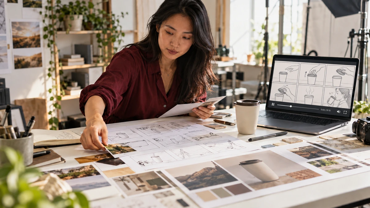 Une personne rassemble scénario, références et storyboard sur une table.