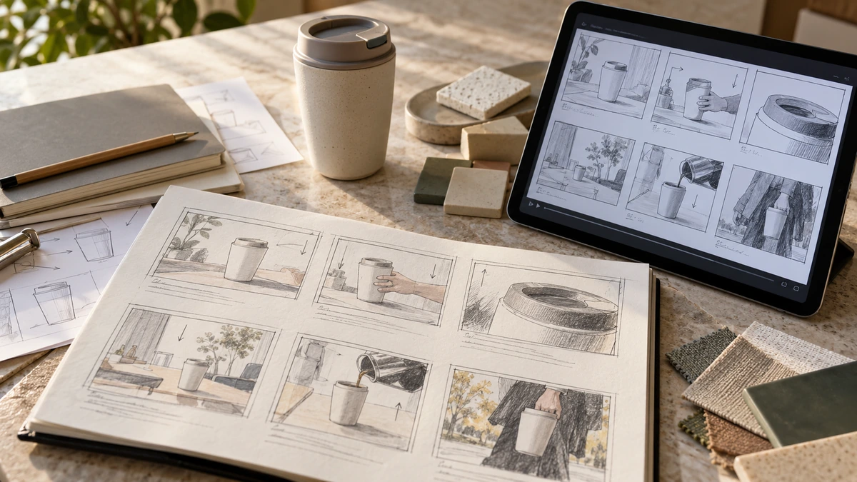 Un storyboard et ses références sont présentés sur papier et tablette.