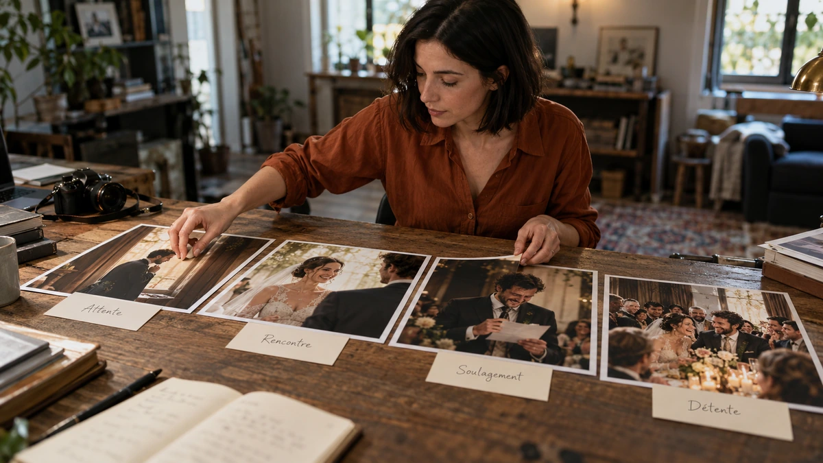 Une monteuse organise les images d’une journée sur sa table de travail.