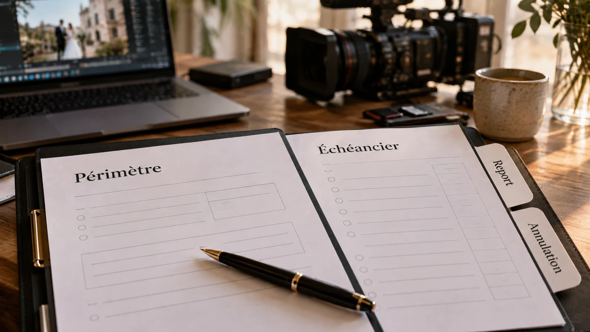 Des documents de périmètre et d’échéancier sont disposés sur une table.