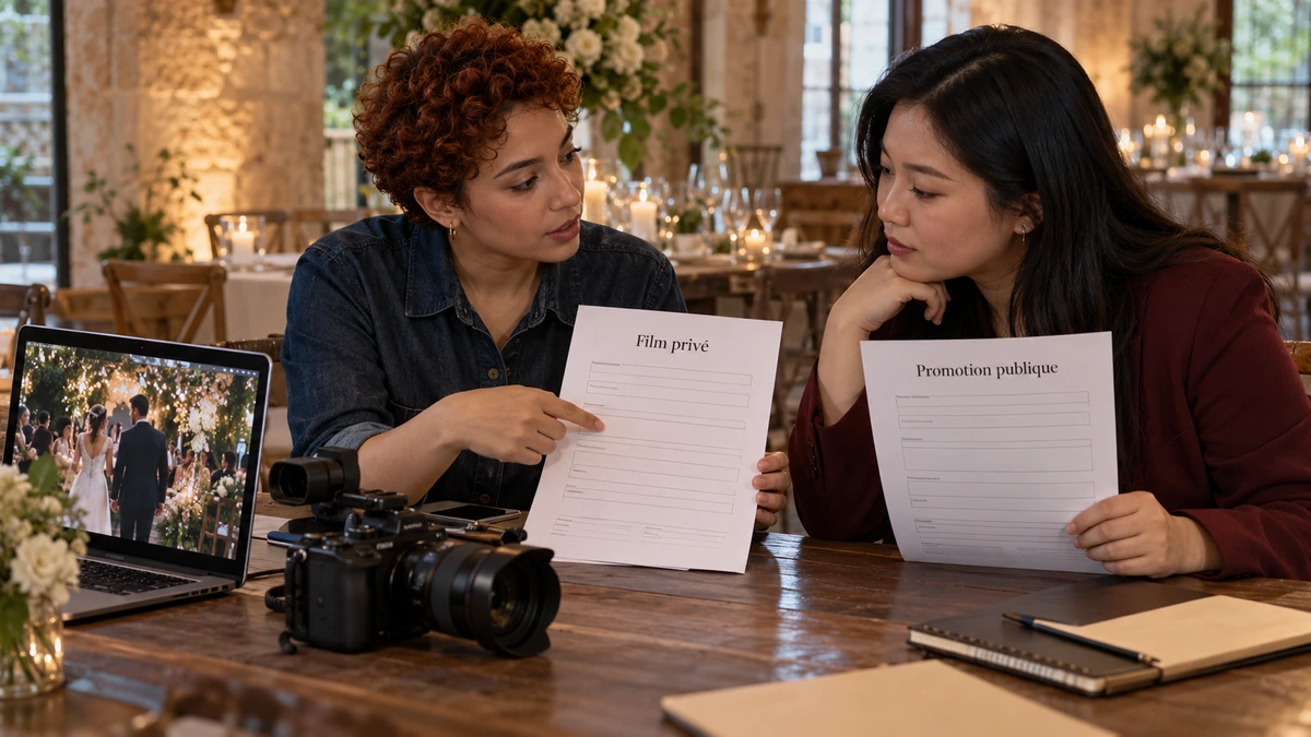 Deux femmes examinent des documents distinguant film privé et promotion publique.
