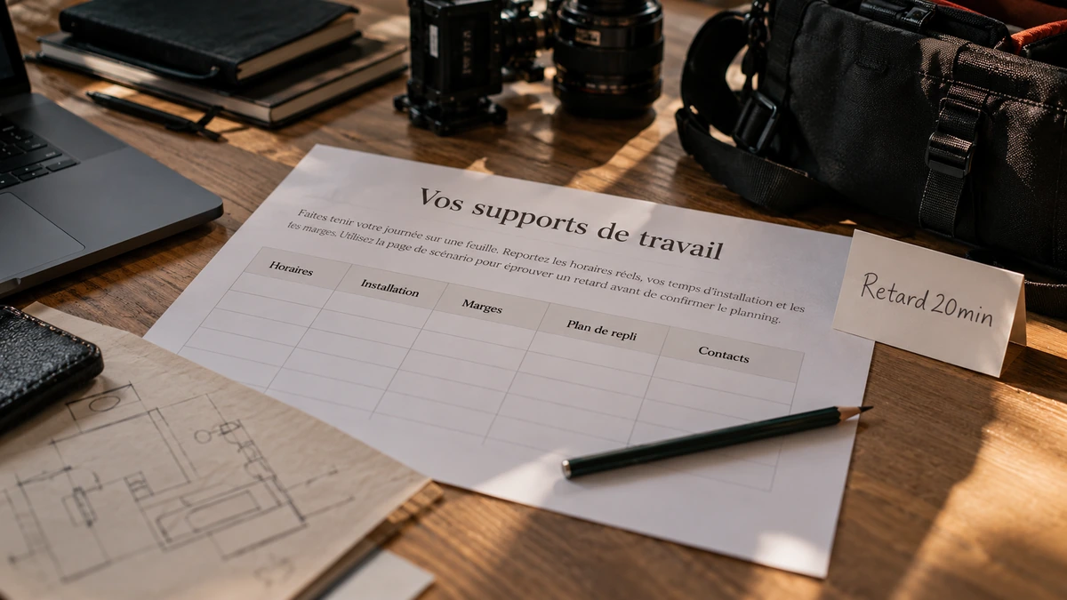 Des documents de coordination et une note de retard simulé sont disposés à côté du matériel.