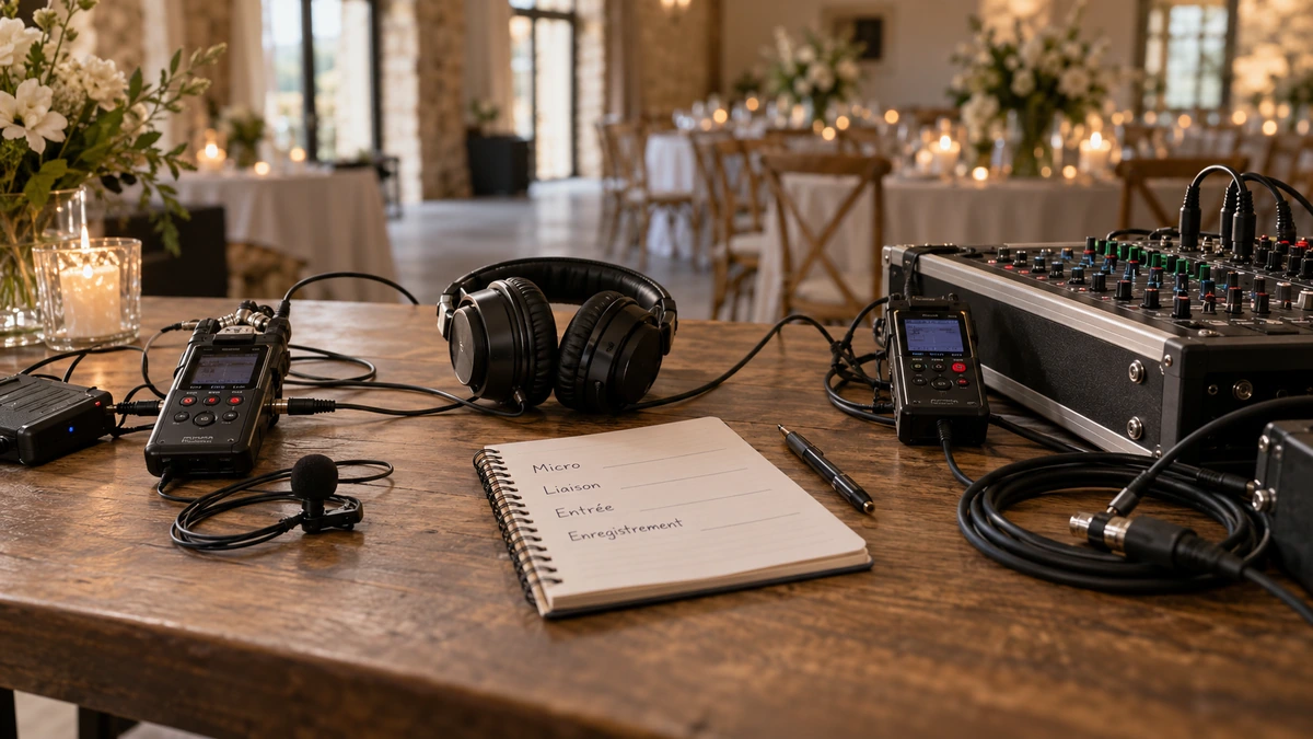 Des microphones, un enregistreur et une console sont préparés avec une fiche de chaîne audio.