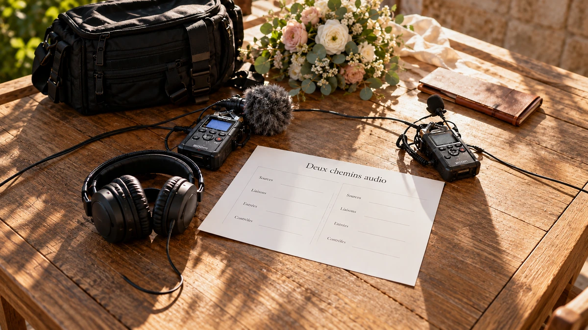 Deux chemins audio sont préparés avec microphones, casque et fiche de contrôle.