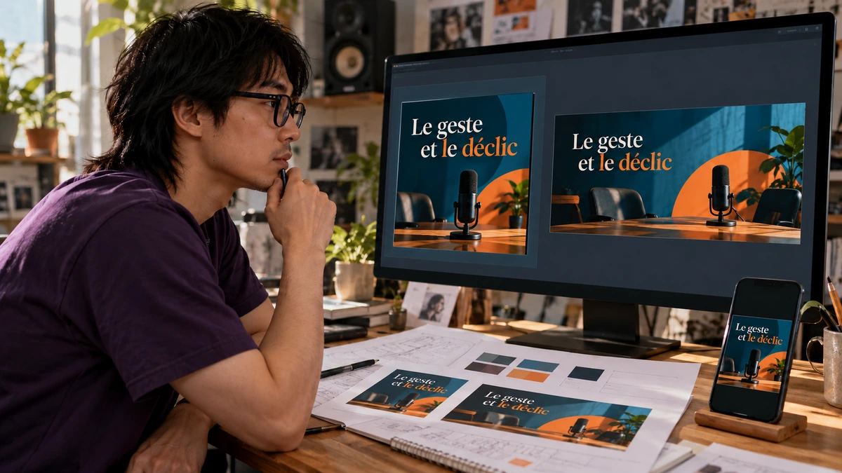 Un créateur compare deux propositions de titre illustré sur son écran.