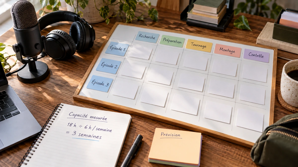 Un calendrier éditorial, des fiches d’épisode et un microphone sont disposés sur une table.
