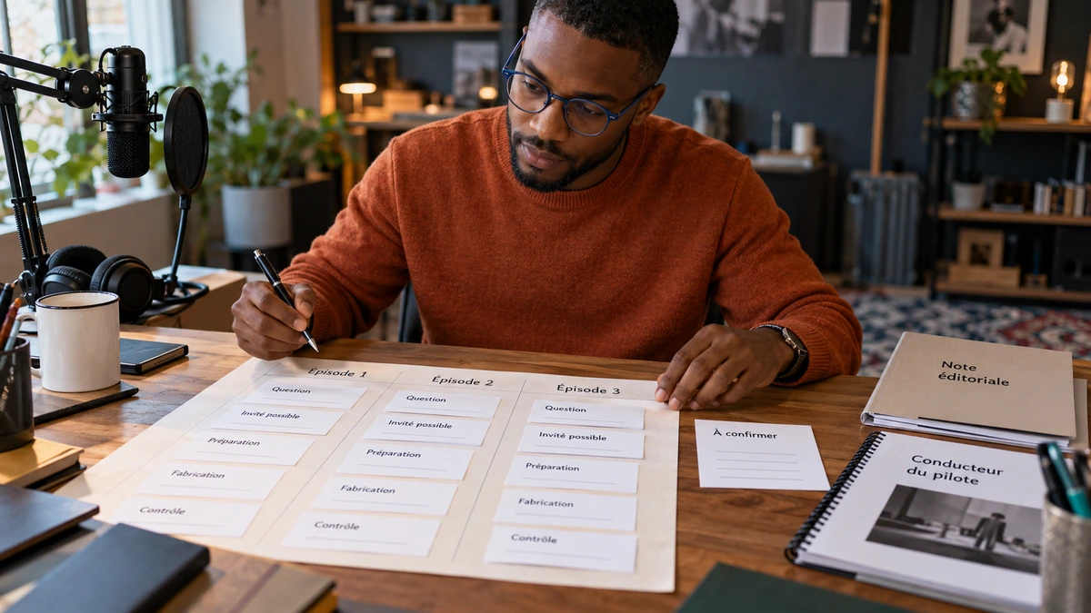 Une personne organise des fiches de séquence pour un épisode.