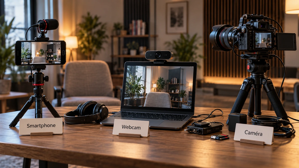 Un téléphone, une webcam et une caméra sont comparés sur une table.
