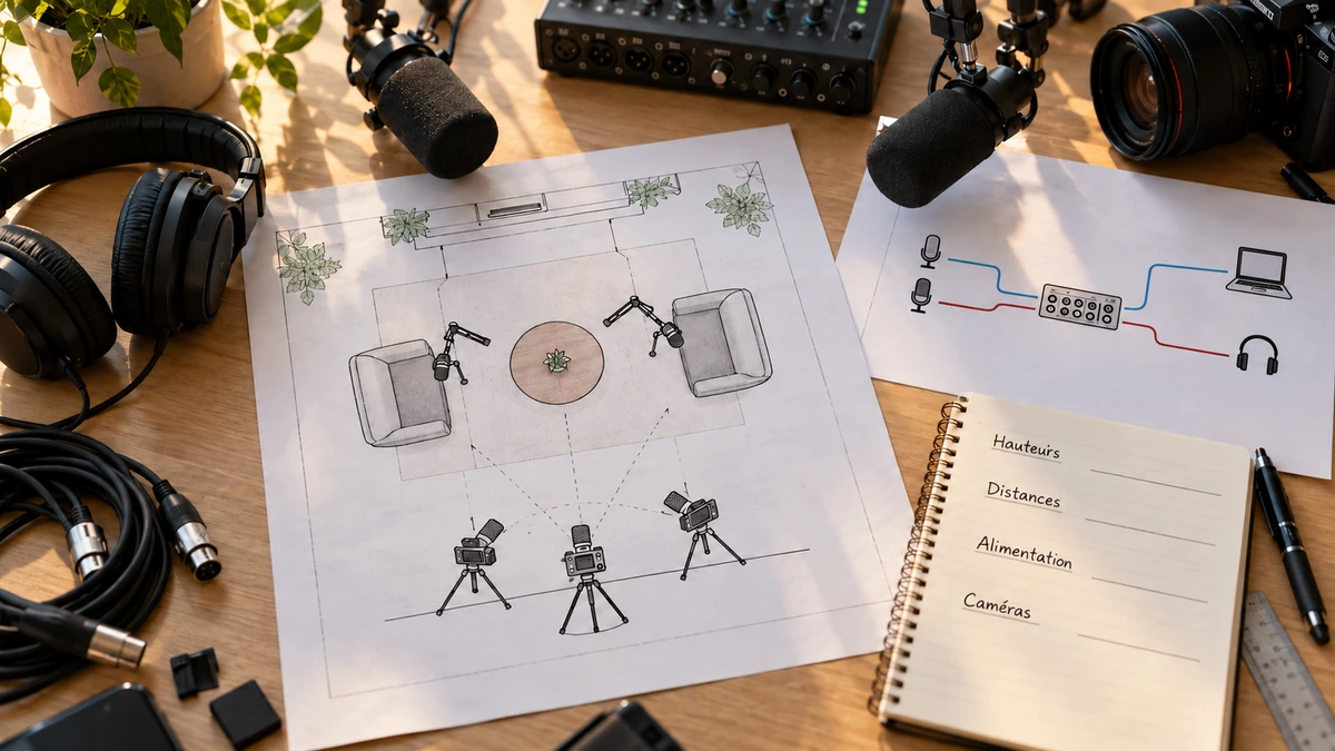Un plan de studio montre sièges, caméras, microphones et écoute.