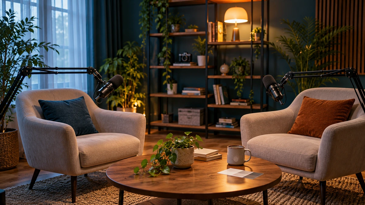 Deux fauteuils et des microphones sont installés dans un décor d’entretien.