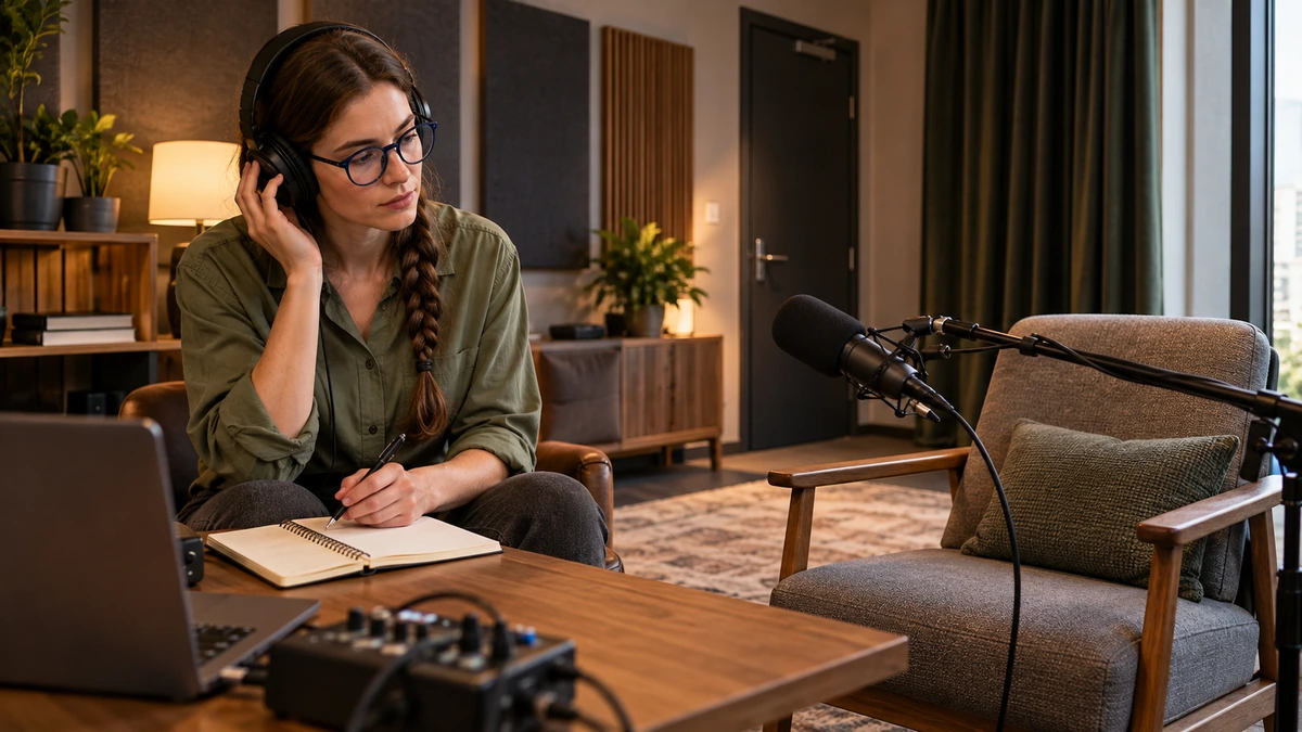 Une personne au casque écoute une pièce de podcast devant un siège et un microphone.