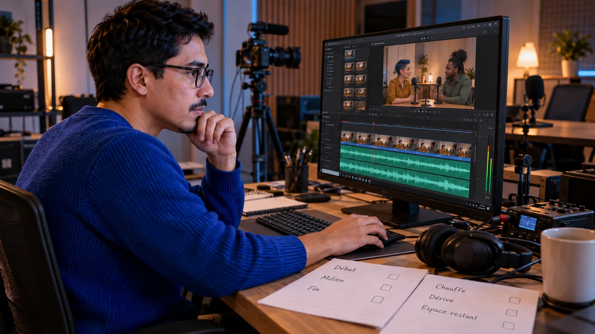 Une personne examine le montage sonore d’un podcast sur un ordinateur.