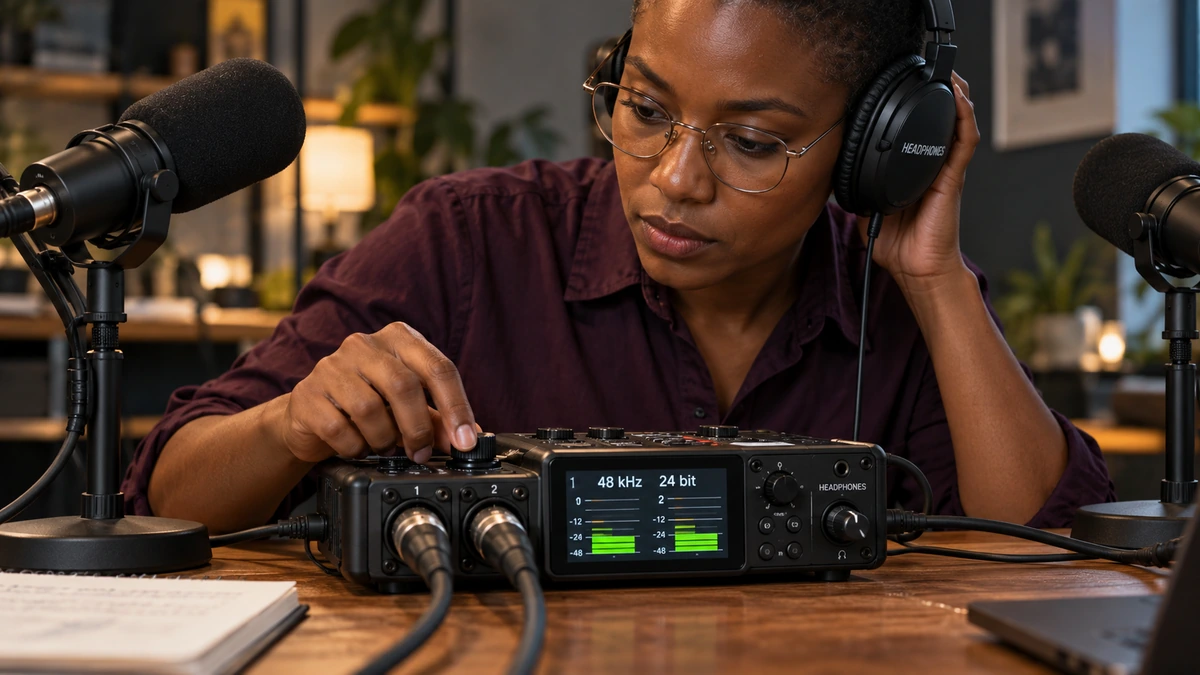 Une personne au casque contrôle un enregistreur sur une table de podcast.