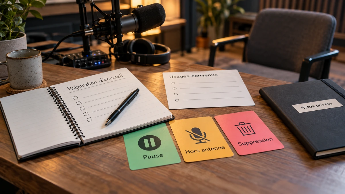 Une fiche d’accueil et des repères de pause sont préparés près d’un microphone.