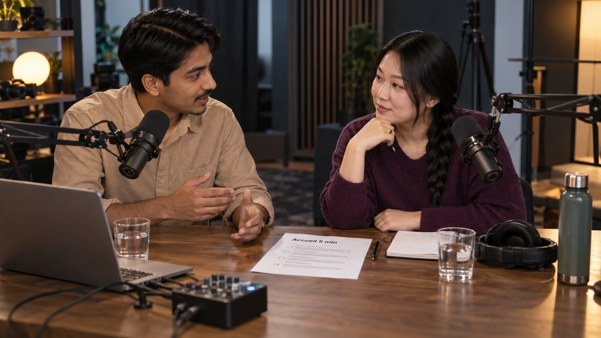 Deux personnes discutent avec leurs microphones autour d’une table de studio.