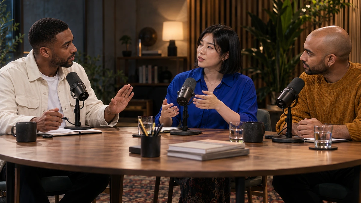 Trois personnes échangent autour de microphones pendant un podcast.