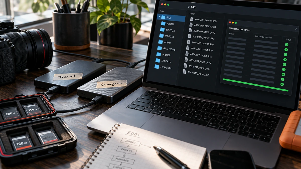 Des cartes et disques de travail et de sauvegarde sont rangés près d’un ordinateur.
