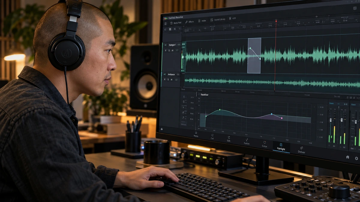 Une personne au casque contrôle des pistes et une forme d’onde dans une session sonore.