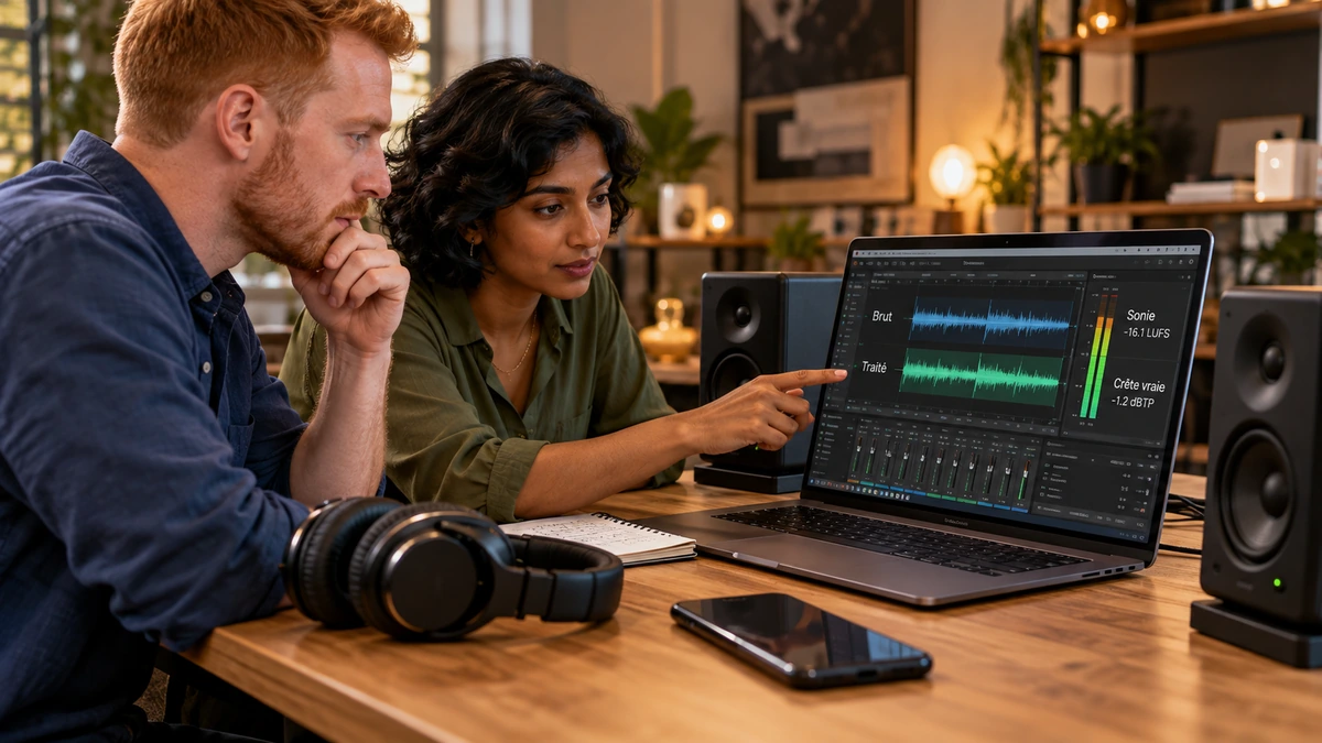 Deux personnes comparent des versions de travail sonore sur un ordinateur.