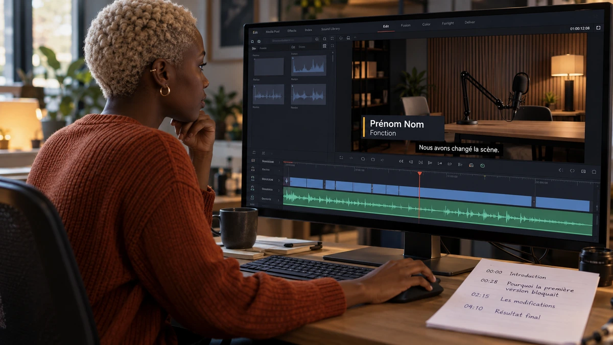 Une personne prépare des titres et repères dans un logiciel de montage.