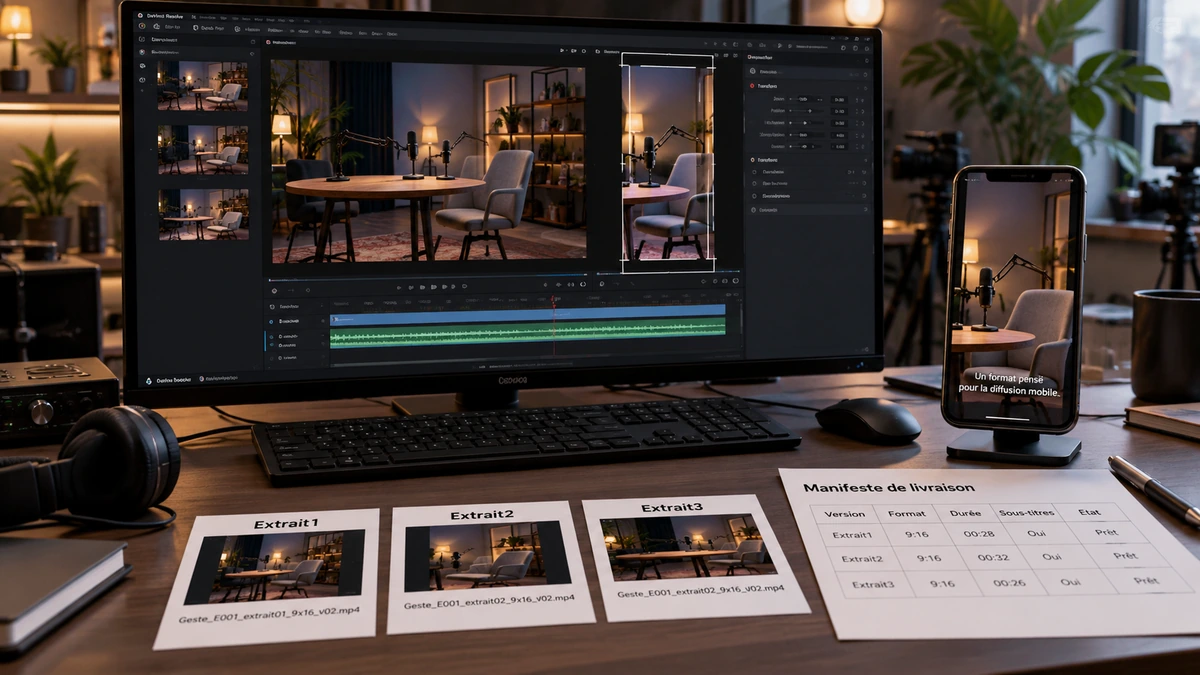Une fiche de contrôle et des images accompagnent un master vidéo sur un poste de travail.