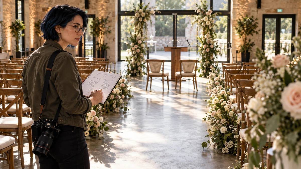Une personne relève les positions possibles dans une salle de cérémonie avant l’arrivée des invités.