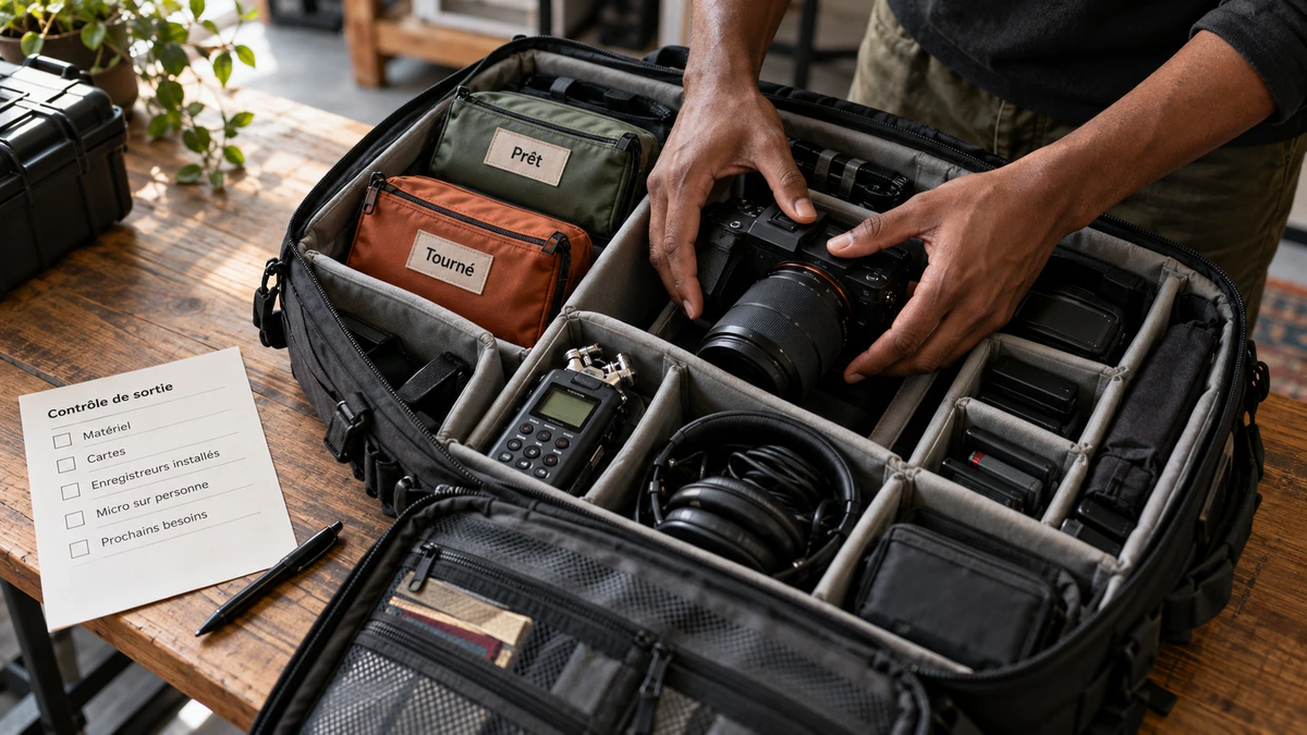 Un sac compartimenté rassemble caméras et batteries identifiées.