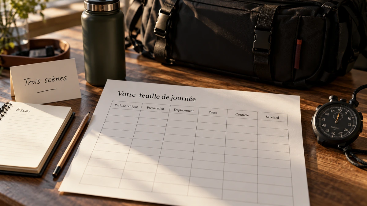 Une fiche de journée et un chronomètre sont disposés sur une table.