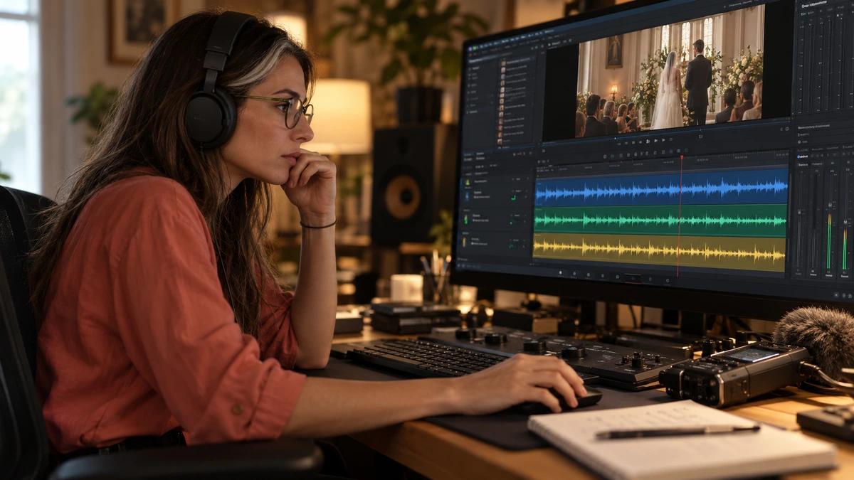 Une personne au casque travaille une séquence sonore sur un ordinateur.