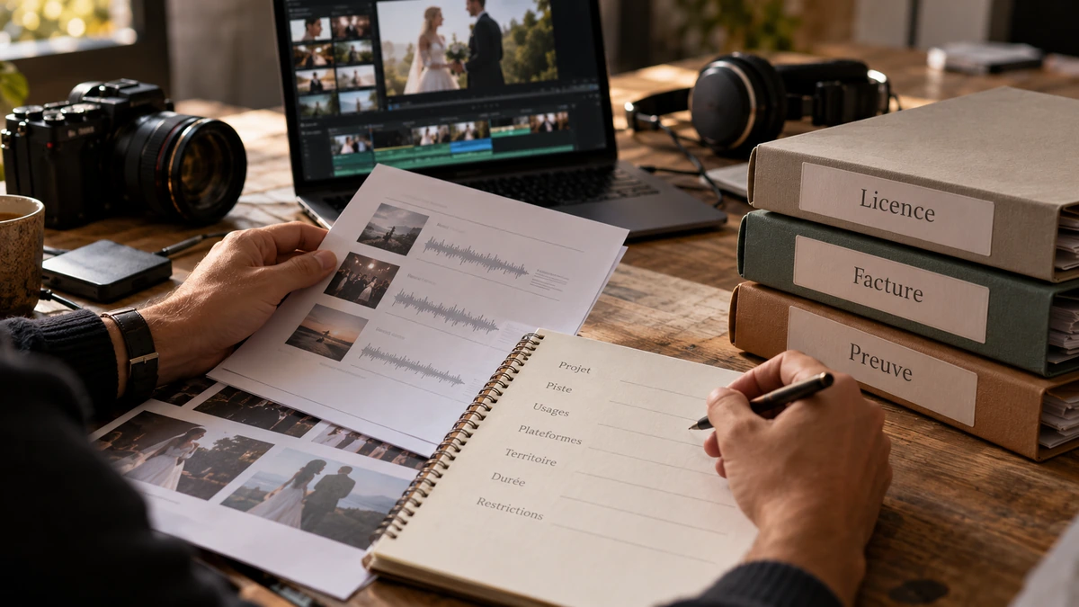 Des mains regroupent une licence musicale, une facture et des notes.