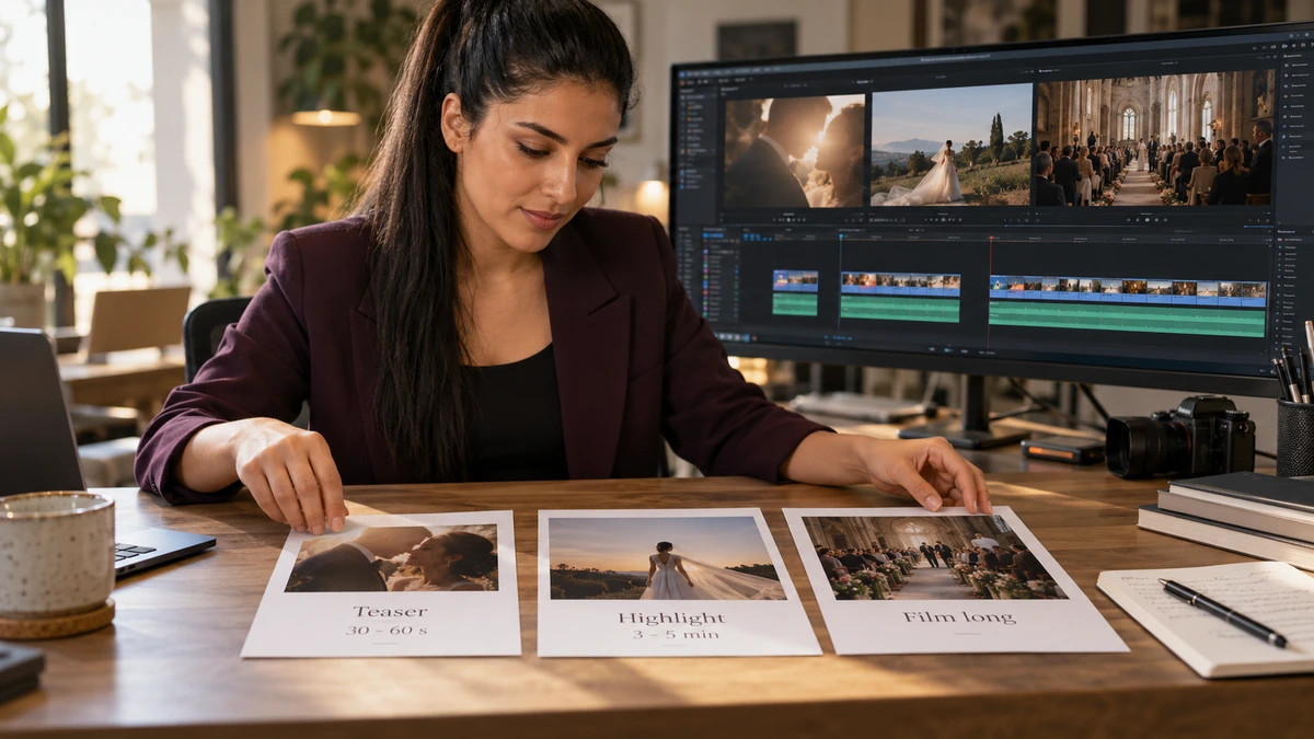 Une personne organise des documents distinguant teaser, highlight et film long.