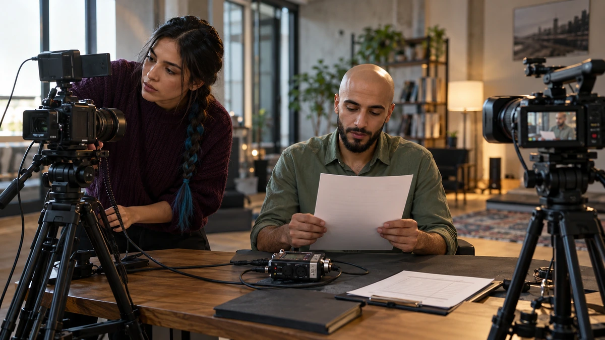 Une personne ajuste une caméra pendant qu’une autre lit un texte pour un essai.