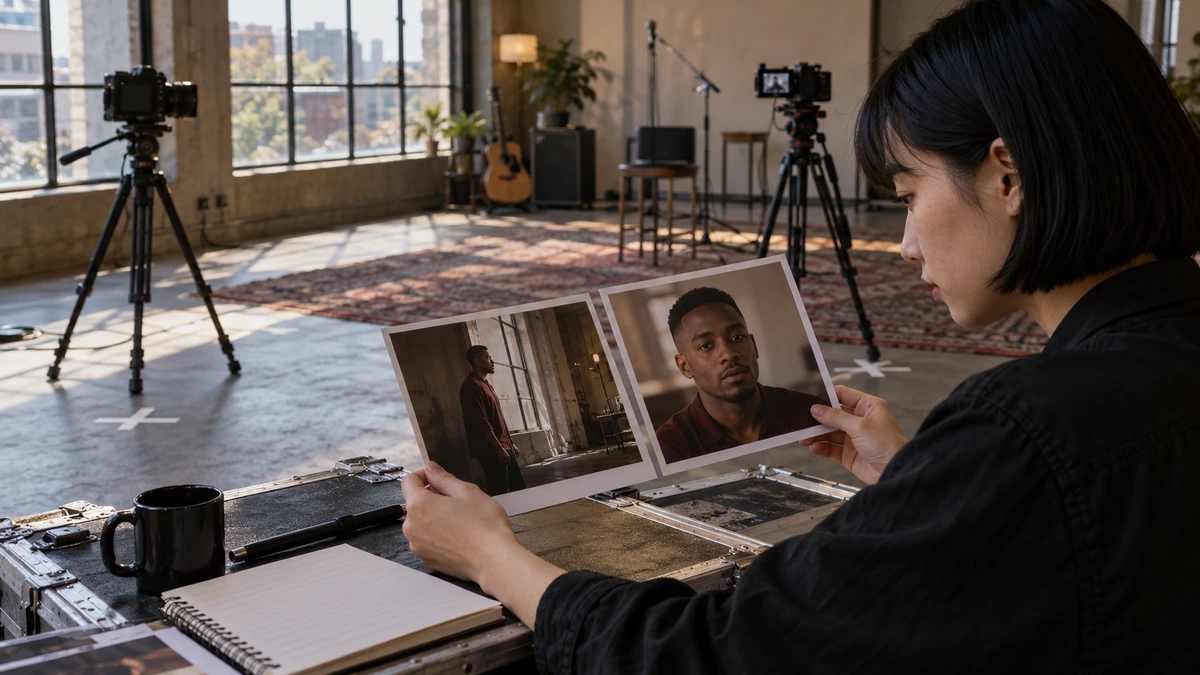 Une personne relit l’intention d’un clip avec des photographies du décor.