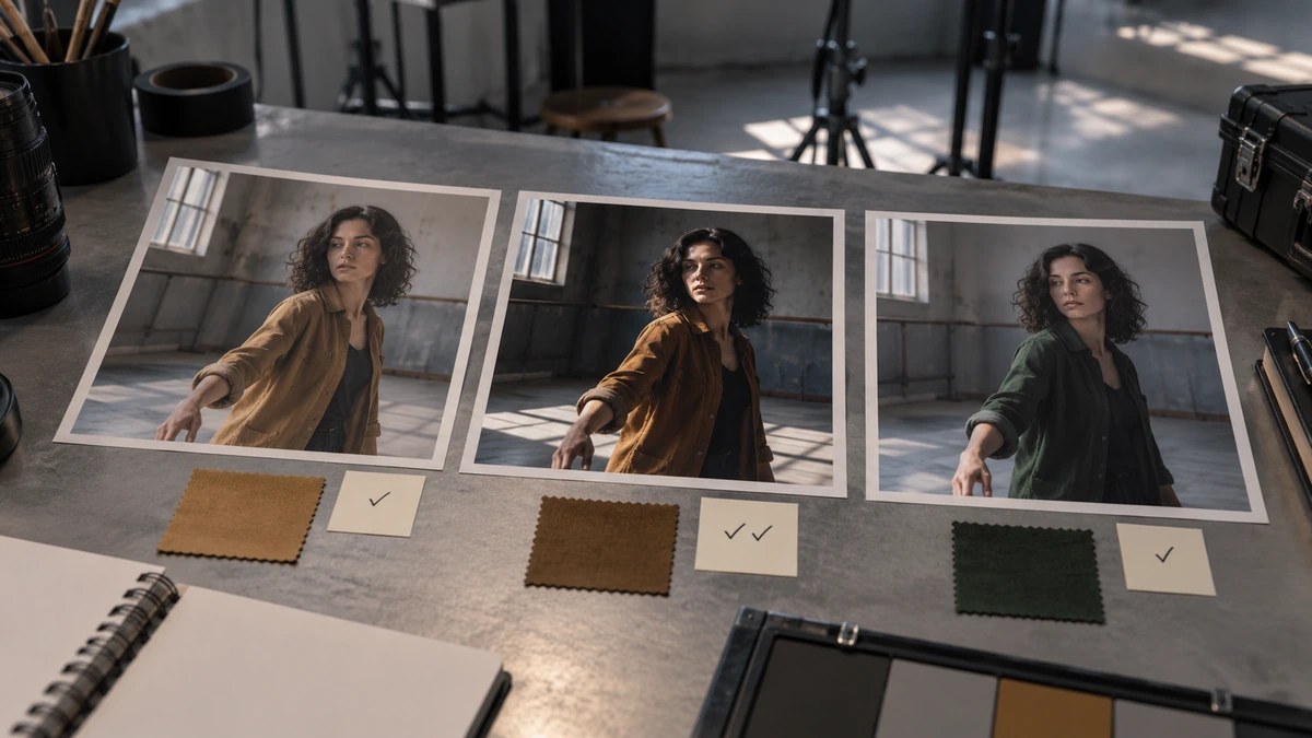 Trois propositions de costume et de lumière sont comparées sur table.