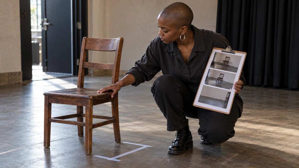 Une personne compare une chaise réelle et ses états photographiés pour un décor.