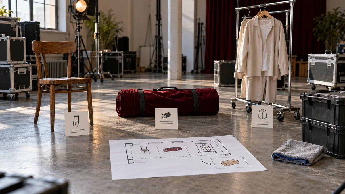 Accessoires, costumes et fiche de décor sont préparés dans le lieu de tournage.