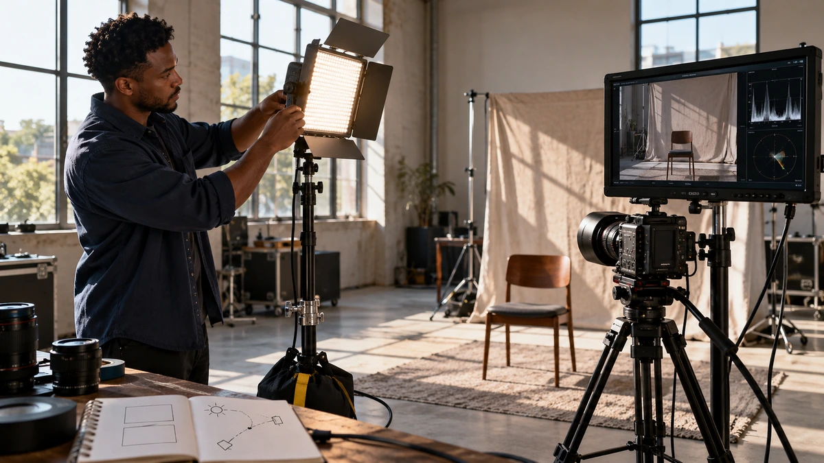 Une personne compare une lumière et des références dans le décor du clip.
