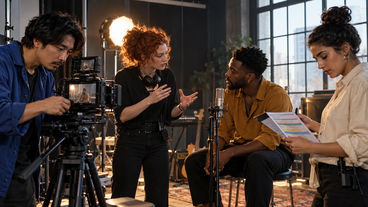 Une équipe répartit les rôles du tournage près d’une artiste.