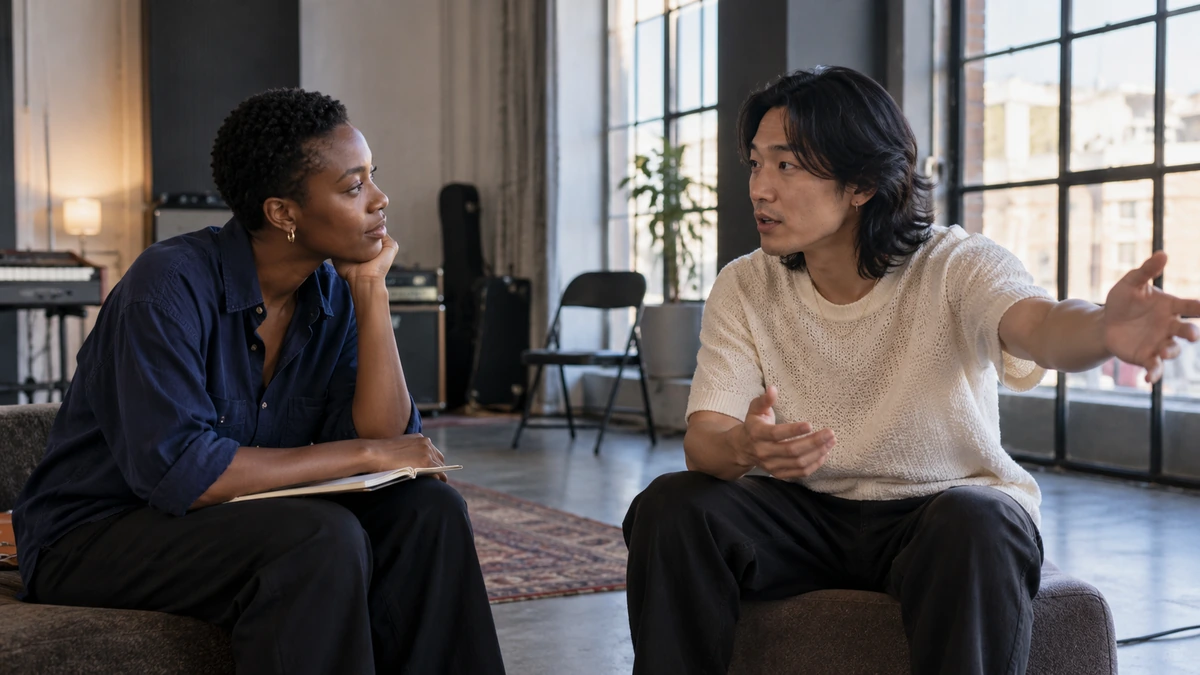 Deux personnes discutent de l’adresse et des intentions d’une performance.