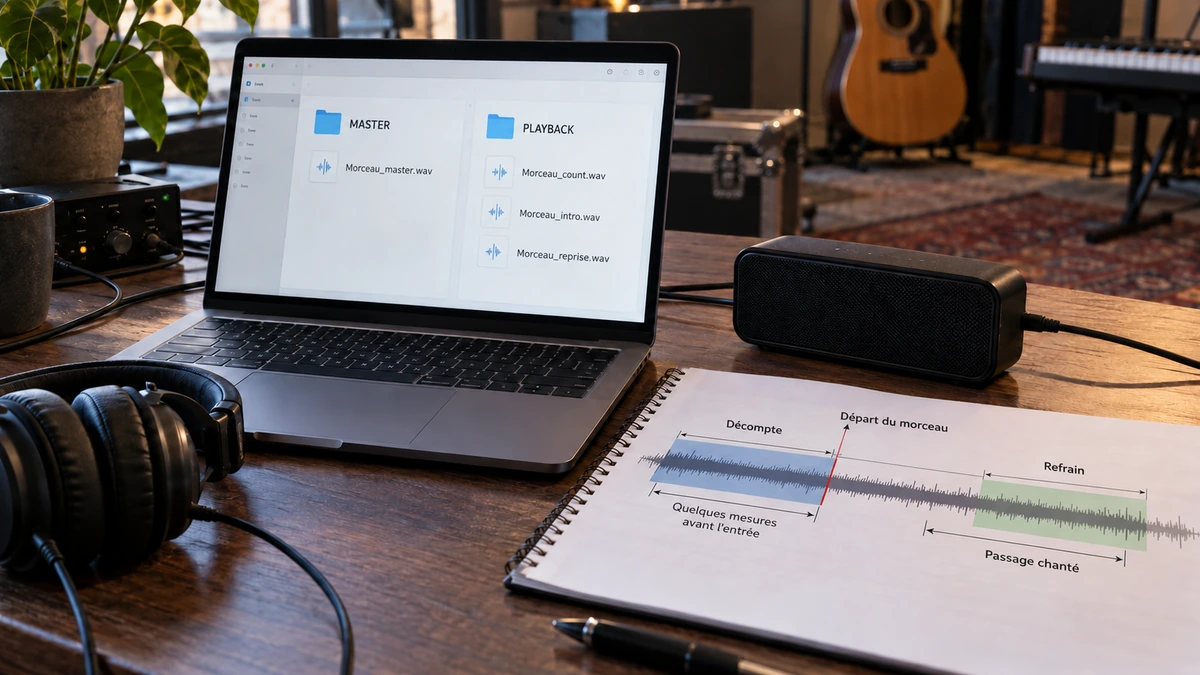 Un ordinateur et une enceinte sont préparés avec des fichiers de playback et une fiche de référence.