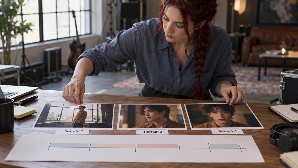 Une personne compare des images et une chronologie de chanson sur une table.