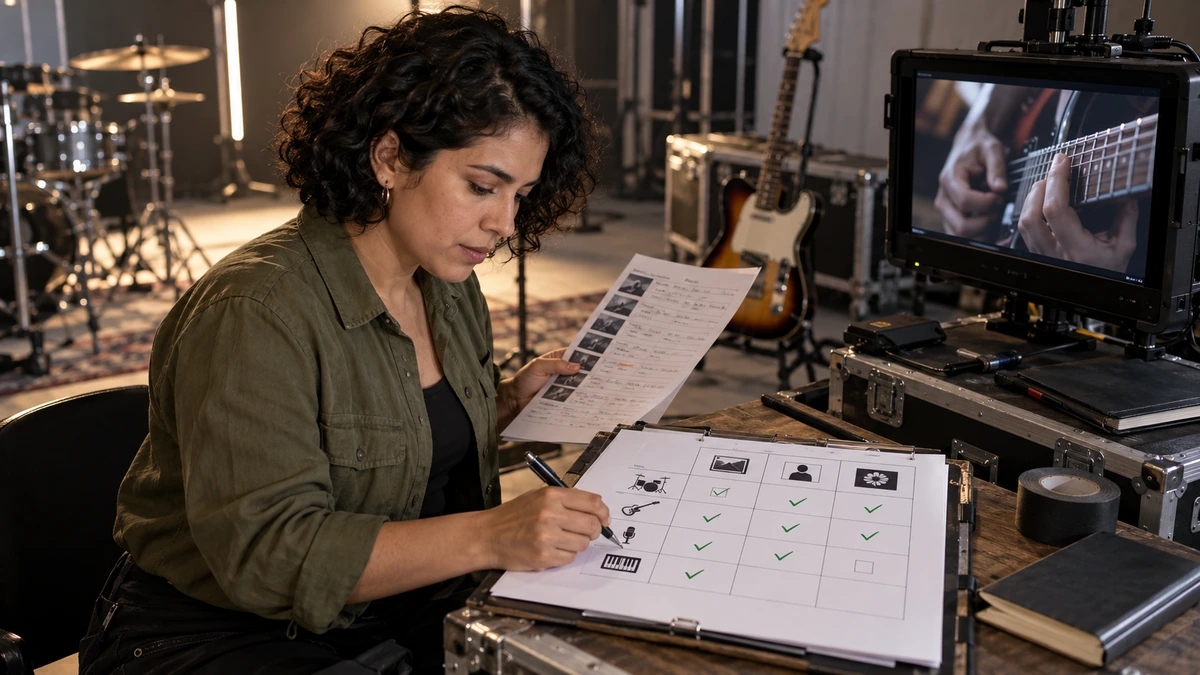 Une personne prépare des repères de playback avec des notes près d’un poste de montage.