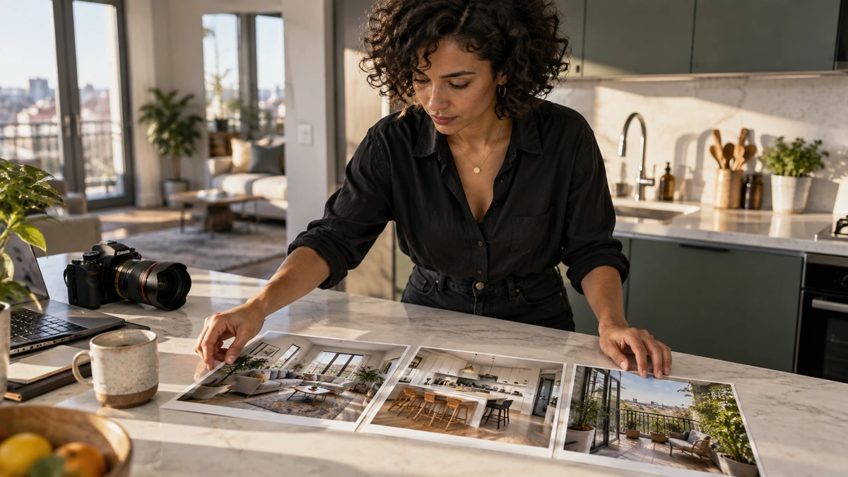 Une personne compare des photographies des différentes pièces d’un appartement avant de préparer la visite.